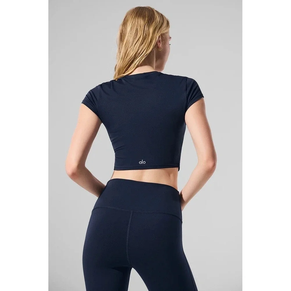 NWT Alo Yoga Alosoft Crop Finesse Short Sleeve Size S Navy Blue NEW - Picture 4 of 11